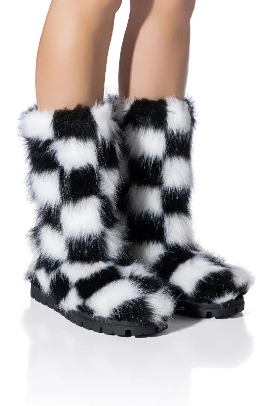 AZALEA WANG ASPEN FURRY CHECKERBOARD BOOTIE IN BLACKWHITE