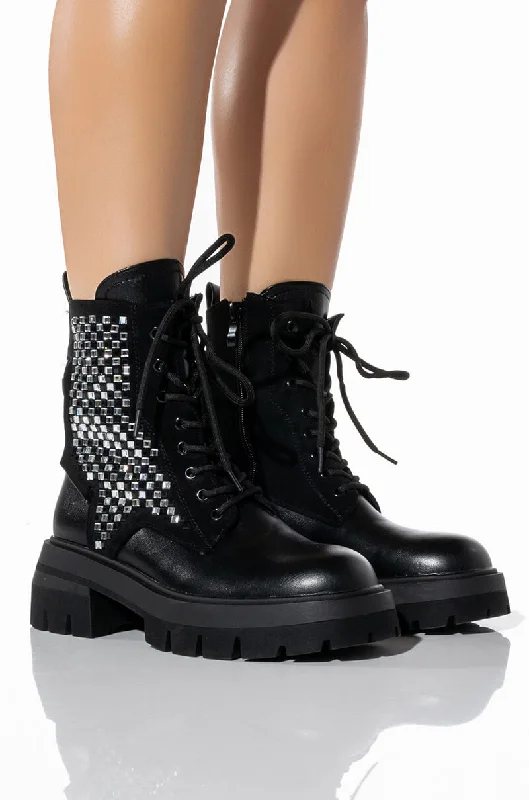 AZALEA WANG PHOEBE FLATFORM BLING COMBAT BOOT IN BLACK