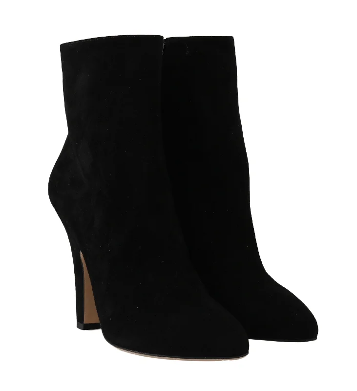 Black Suede Heels Zipper Boots