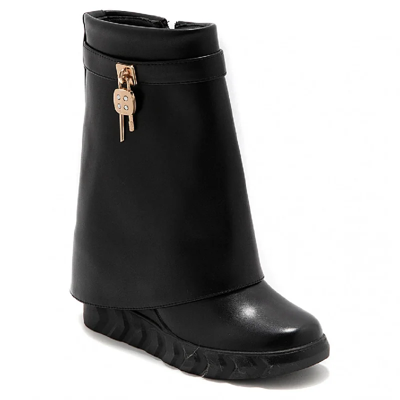 BRYONY BLACK WEDGE OVERLAP ANKLE BOOTS