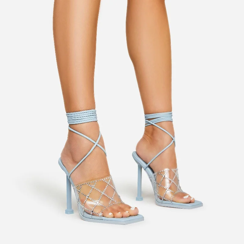 Chain-Me Lace Up Diamante Clear Perspex Strap Square Toe Heel In Blue Faux Leather