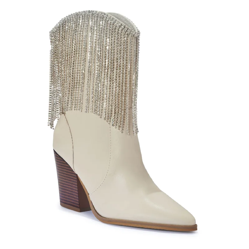 DOLLY BEIGE FAUX LEATHER DIAMANTE TASSEL ANKLE COWBOY BOOTS