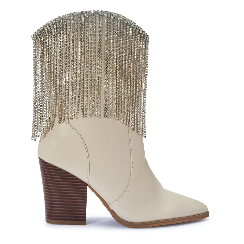 DOLLY BEIGE FAUX LEATHER DIAMANTE TASSEL ANKLE COWBOY BOOTS