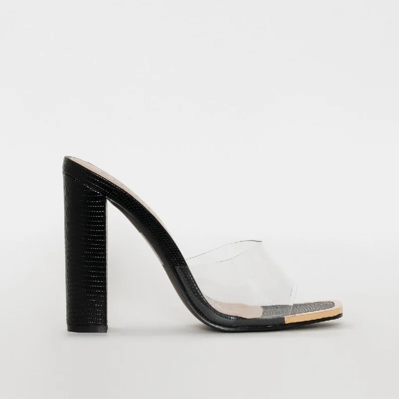 Helix Black Faux Snake Print Clear Block Heel Mules