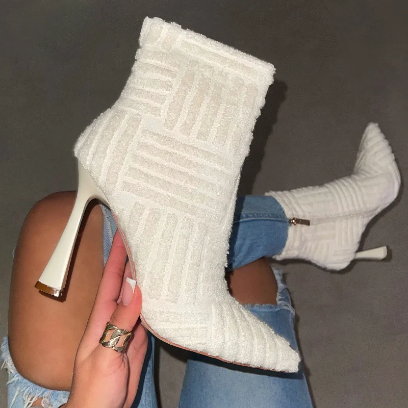 Roman Cream Towelling Point Toe High Ankle Boots