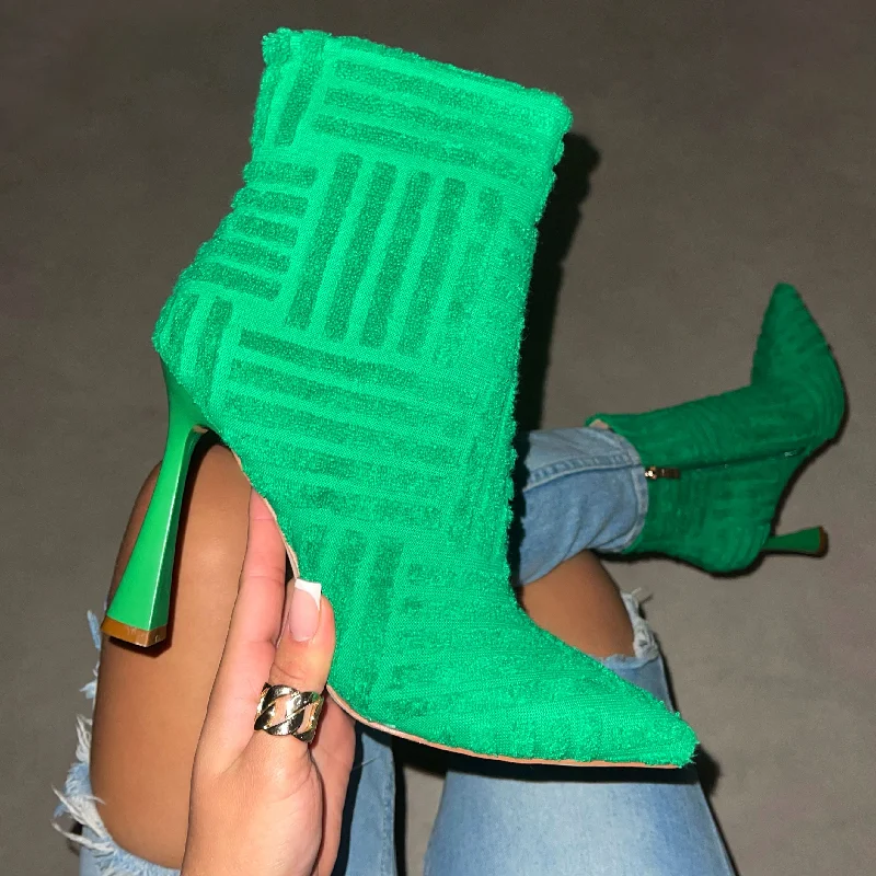 Roman Green Towelling Point Toe High Ankle Boots