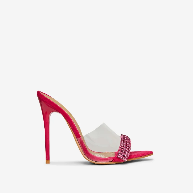 Skyfall Diamante Perspex Strap Detail Pointed Toe Stiletto Heel Mule In Pink Faux Suede