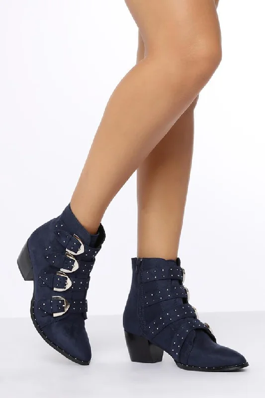 Navy Suede Buckled Western Boots