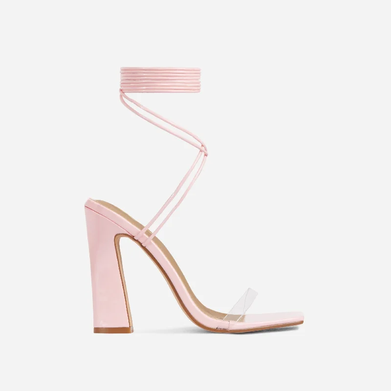 Yaritza Lace Up Clear Perspex Strap Square Toe Flared Block Heel In Pink Patent