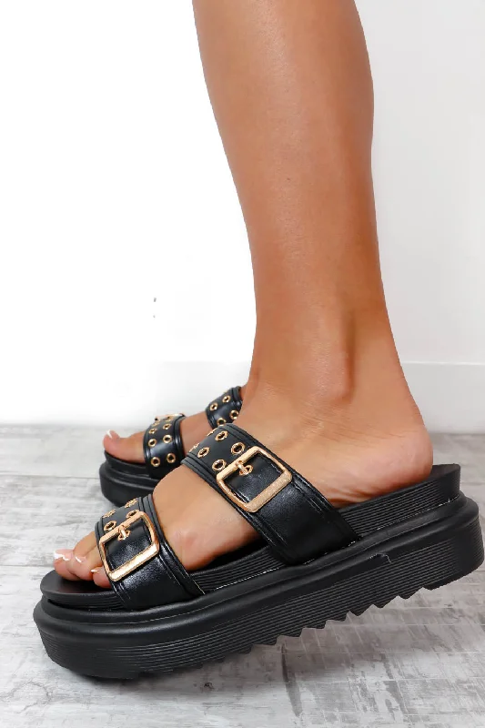 Buckle In - Black Gold Eyelet Buckle Sandals