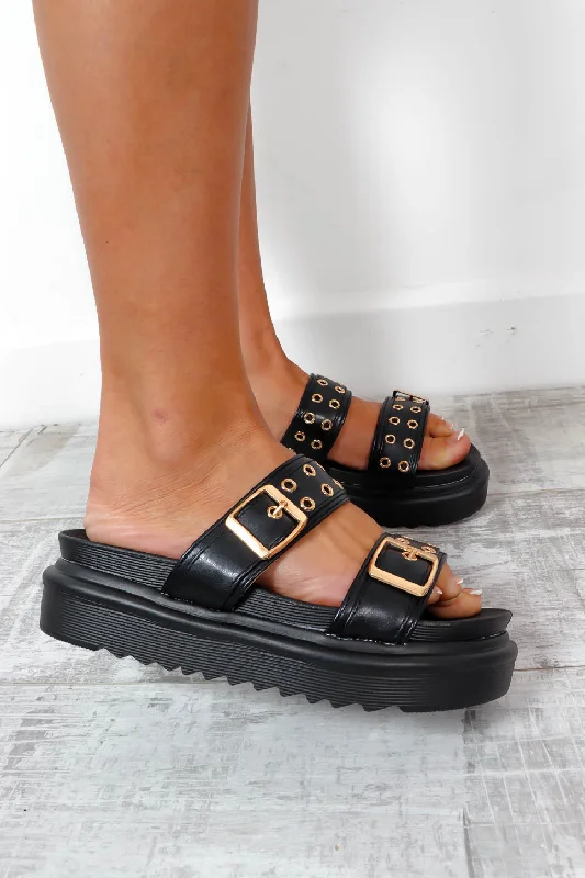 Buckle In - Black Gold Eyelet Buckle Sandals