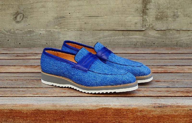 Canvas & Calfskin Slip-On Penny Loafer Blue