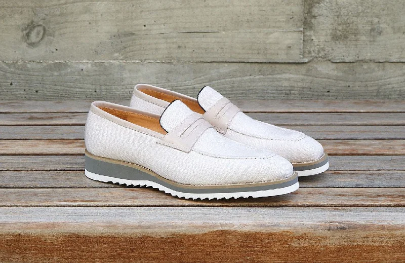 Canvas & Calfskin Slip-On Penny Loafer Cream