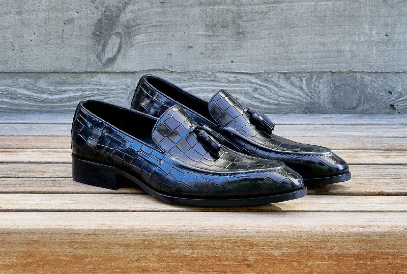 Crocodile Embossed Calfskin Slip-On Loafer Black