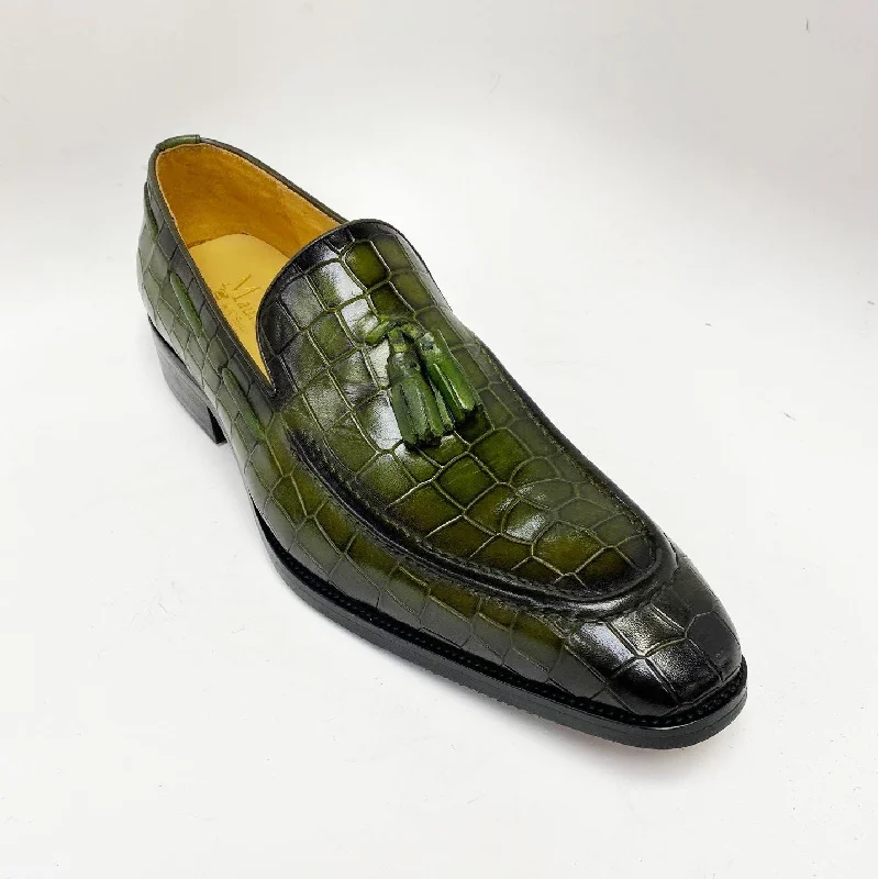 Crocodile Embossed Calfskin Slip-On Loafer Olive