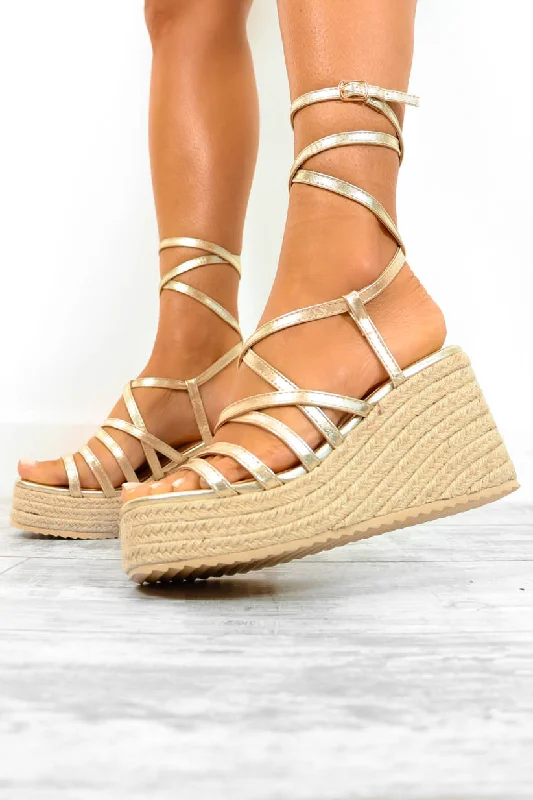 Golden Girl - Gold Strappy Espadrille Platform Heels