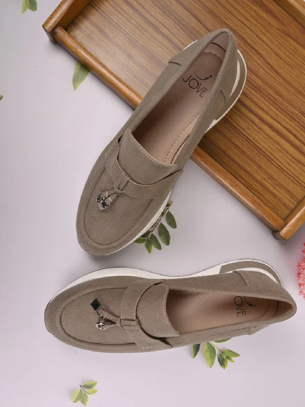 Women Khaki Solid Loafers