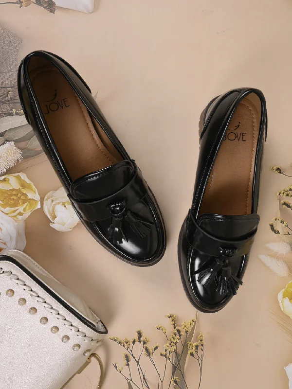 Women Black Solid Tassel Loafers