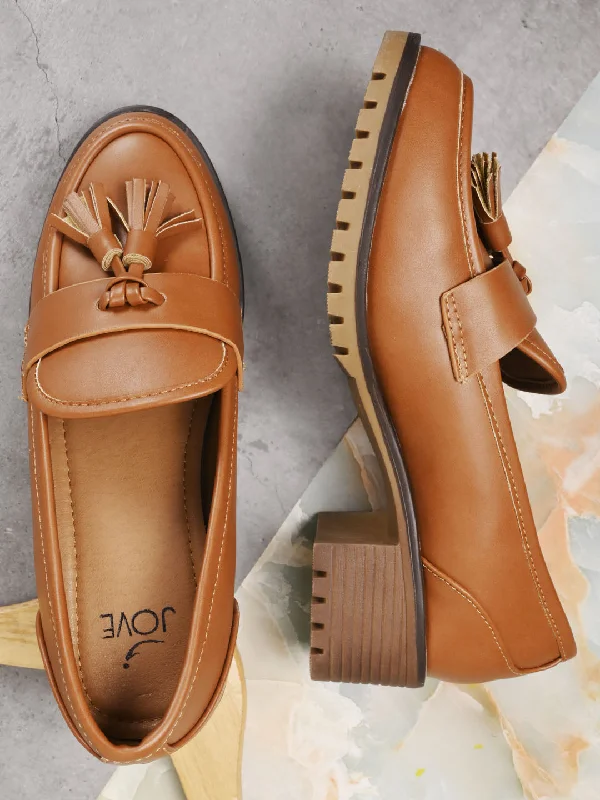 Women Camel Brown Solid Tassel Loafers