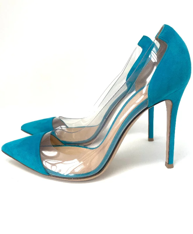 Gianvito Rossi Plexi Pumps 110 Teal Blue Suede Perspex heels 40