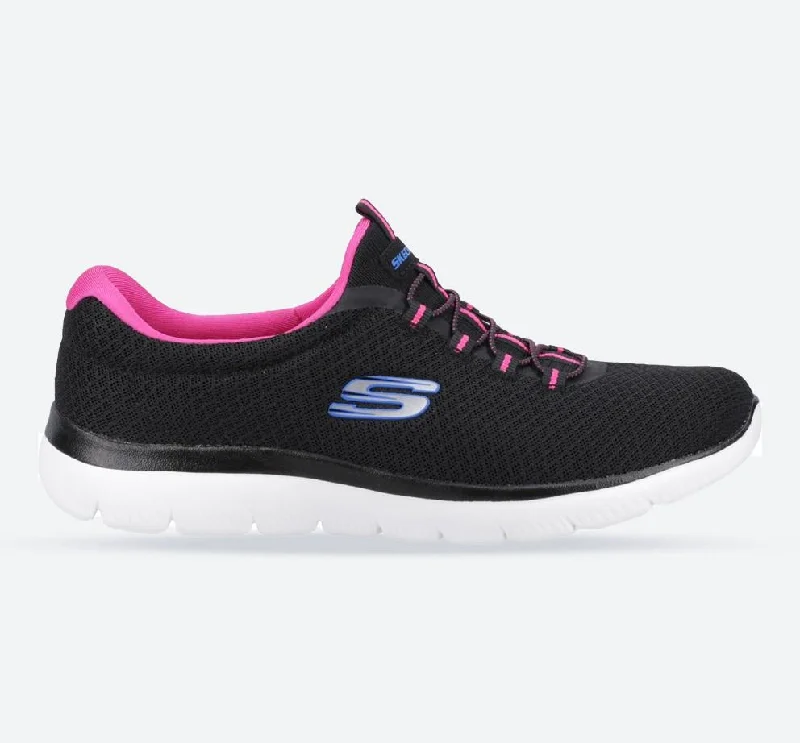 Women's Wide Fit Skechers 12980 Summits Slip On Sports Trainers - Black/Hot Pink