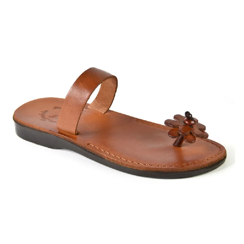 Esther - Leather Flower Flip Flops | Honey