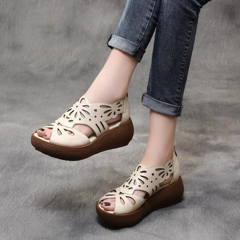 Summer Handmade Leather Retro Platform Hollow Sandals