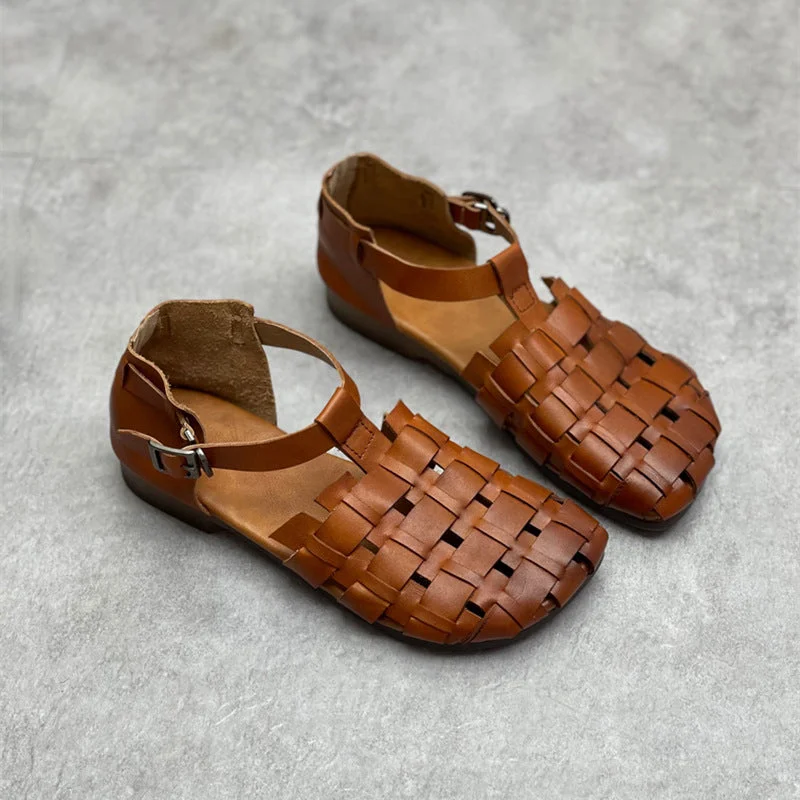 Summer Hollow Leather Women Vintage Sandals