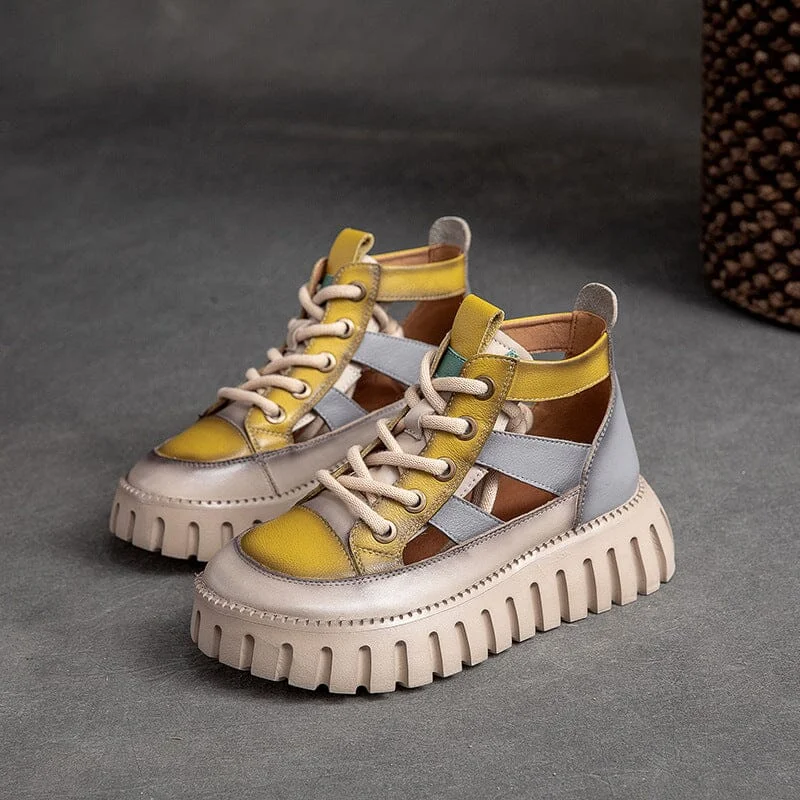 Women Retro Lace Up Leather Platform Sandals