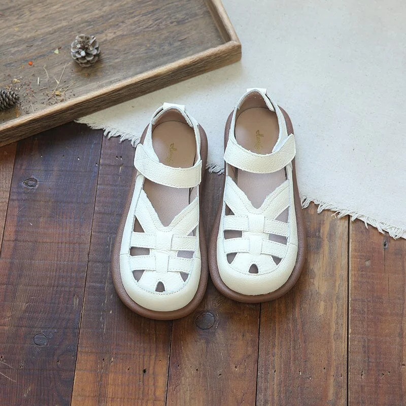 Women Summer Retro Hollow Leather Velcro Sandals