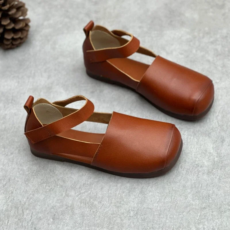 Women Summer Retro Soft Leather Velcro Flat Sandals