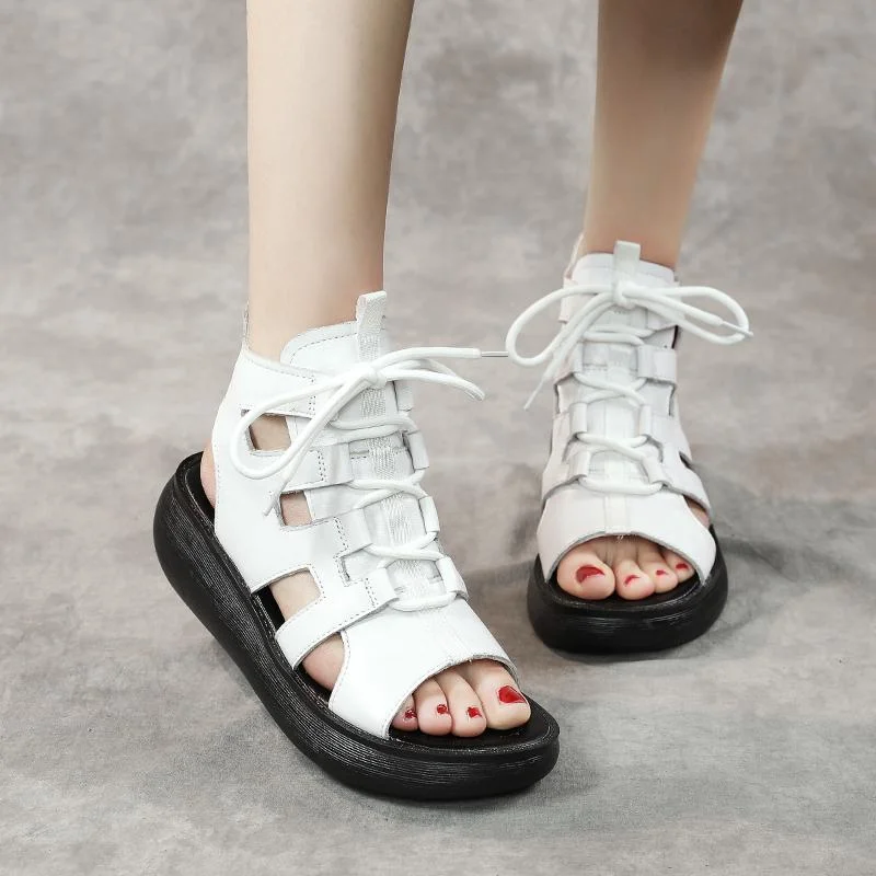 Women Summer Vintage Leather Hollow High Sandals