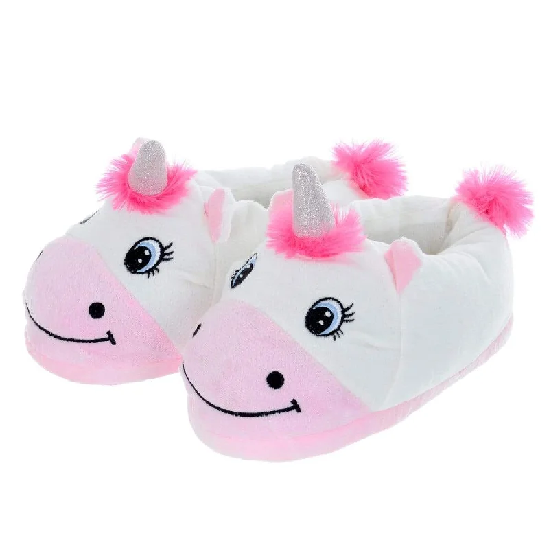 Women's Novelty Unicorn Slippers Pink & White Plush Slip On