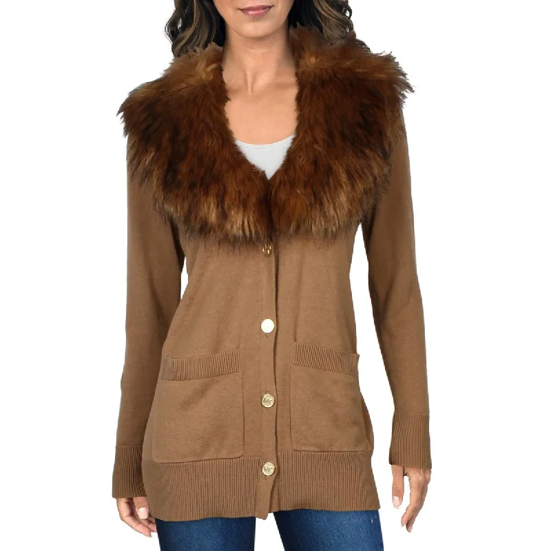 MICHAEL Michael Kors Womens Faux Fur Trim Button-Down Cardigan Sweater Layering sweaters