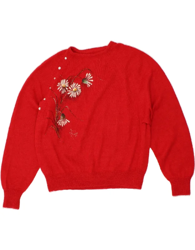 VINTAGE Womens Boat Neck Jumper Sweater UK 12 Medium Red Floral Best sweaters for casual wear