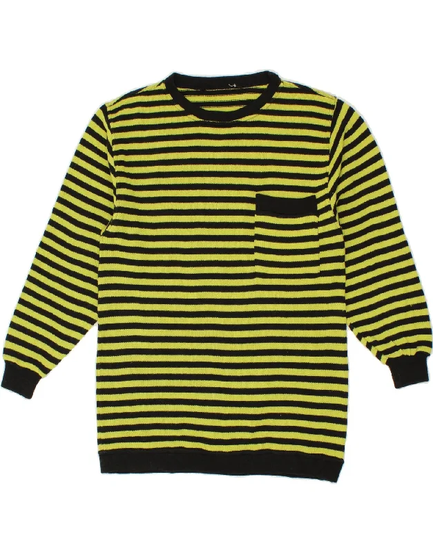 VINTAGE Womens Boat Neck Jumper Sweater UK 14 Large Yellow Striped Cotton Stretchable sweaters