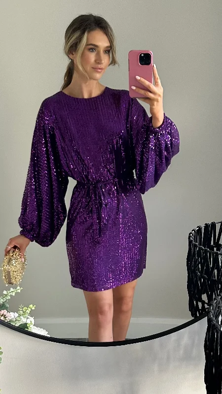 Alyona Purple Sequin Wide Sleeve Mini Dress Halter mini dresses