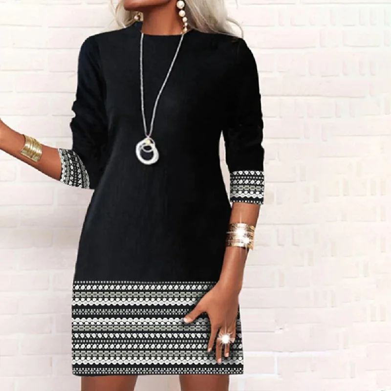 Black and White Aztec Print Trim Long Sleeve Mini Dress Cute floral print mini dresses