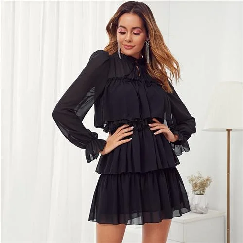 FashionSierra - Black Frill Tie Neck Ruffle Trim Layered Mesh Party Mini Dress Women Autumn Stand Collar Shift Ladies Elegant Dresses Best mini dresses for tall women