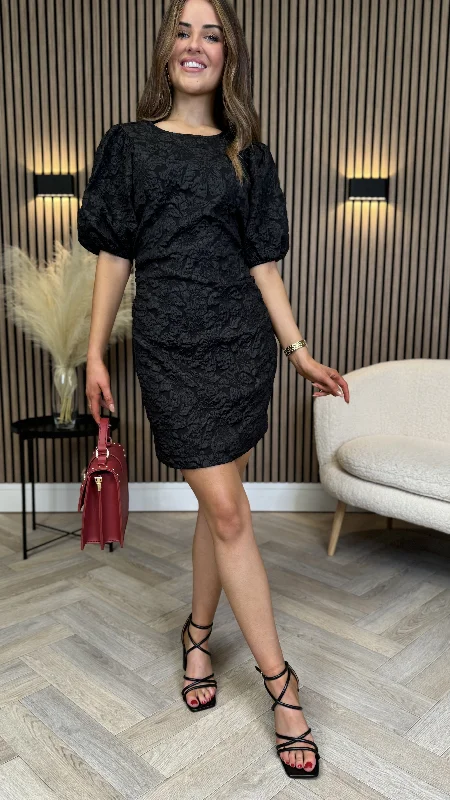 Breanna Black Floral Jacquard Puff Sleeves Dress Office mini dresses