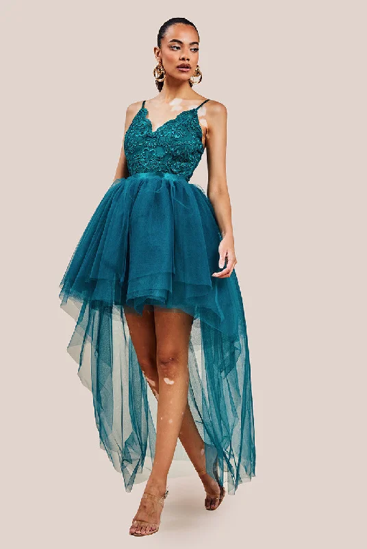 Goddiva High Low Tulle Mini With Lace Bodice - Emerald Velvet mini dresses