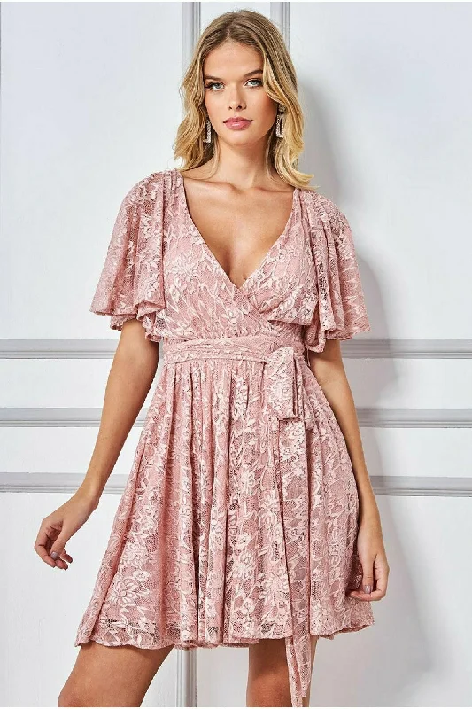 Goddiva Lace Kimono Wrap Skater Mini Dress - Blush Sequin mini dresses