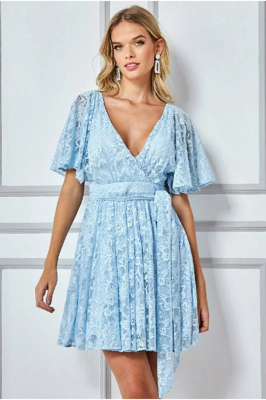 Goddiva Lace Kimono Wrap Skater Mini Dress - Powder Blue Cotton mini dresses