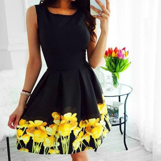 FashionSierra - Sexy  Black Round Neck Floral Printed Sleeveless Empire Waist Women Dress Black Sexy Dress Women Mini Dress Knitted mini dresses