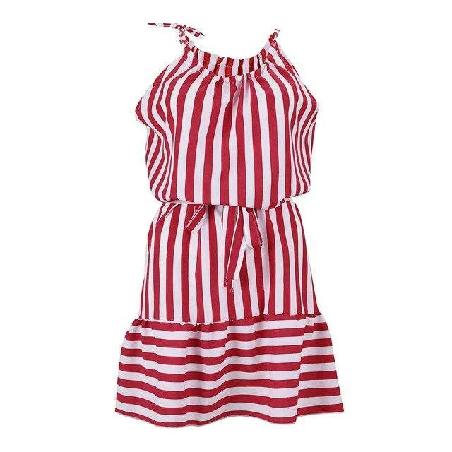 FashionSierra - Summer Dress Casual Halter Lace Up Red Striped Eastic Waist Patchwork Bandage Mini Dress  Women Dress Off-shoulder mini dresses