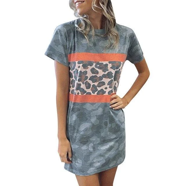 FashionSierra - Summer Mini Shirt Dress Women Casual Camouflage Leopard Printed Round Neck Short Sleeve Women Mini Dress Sexy Dress Sleeveless mini dresses