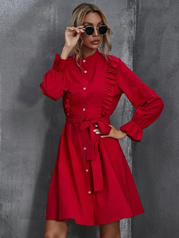 Women Autumn Winter Red High Elegant Commuter Cardigan Ruffled Belt Dress Red carpet mini dresses