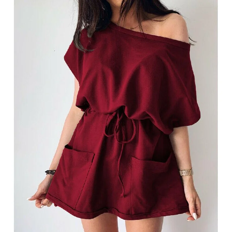 FashionSierra - Women's Summer Pocket Solid Short Sleeve Mini Dress 2019 Fashion Ladies Casual Tops Tie Front Loose Sundress High-end mini dresses