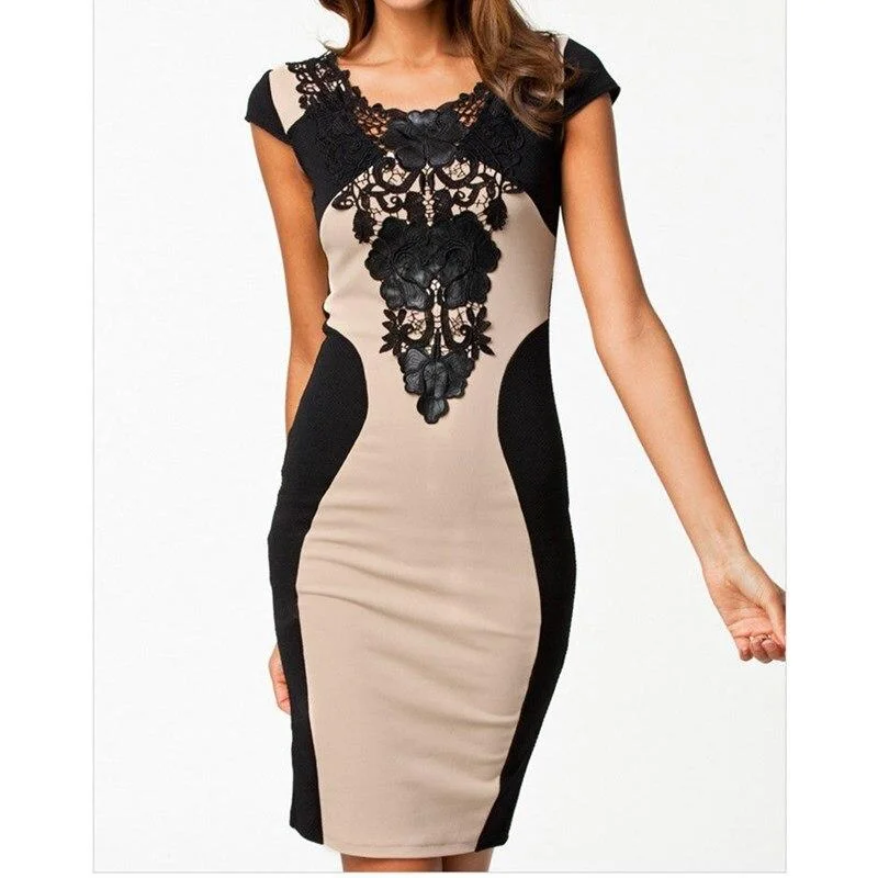 FashionSierra - Women Vintage Elegant Dress Round Neck Lace Package Hip Dress Sexy Backless Bodycon Mini Dress Glorious Sexy Short Sleeve Dress Minimalist mini dresses