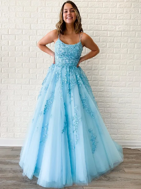 A Line Blue Backless Tulle Lace Long Prom Dresses, Open Back  Blue Lace Formal Evening Dresses Luxury Lace Gown